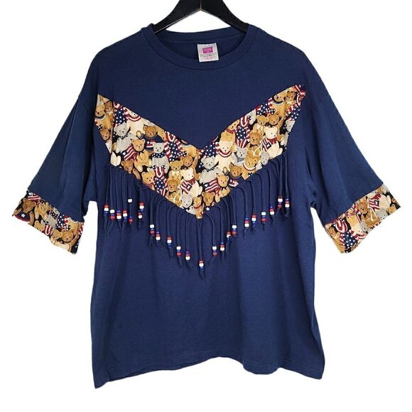 Vintage Tops - Vintage Hanes Teddy Bear Navy Blue American Flag Beaded Fringe Shirt